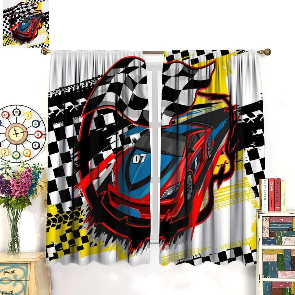 Racing Car Kids Curtains Checkered Flag Abstract Red Background Decoration Bedroom Living Room Kitchen Curtain Light Blocking Polyester Ideal For Area