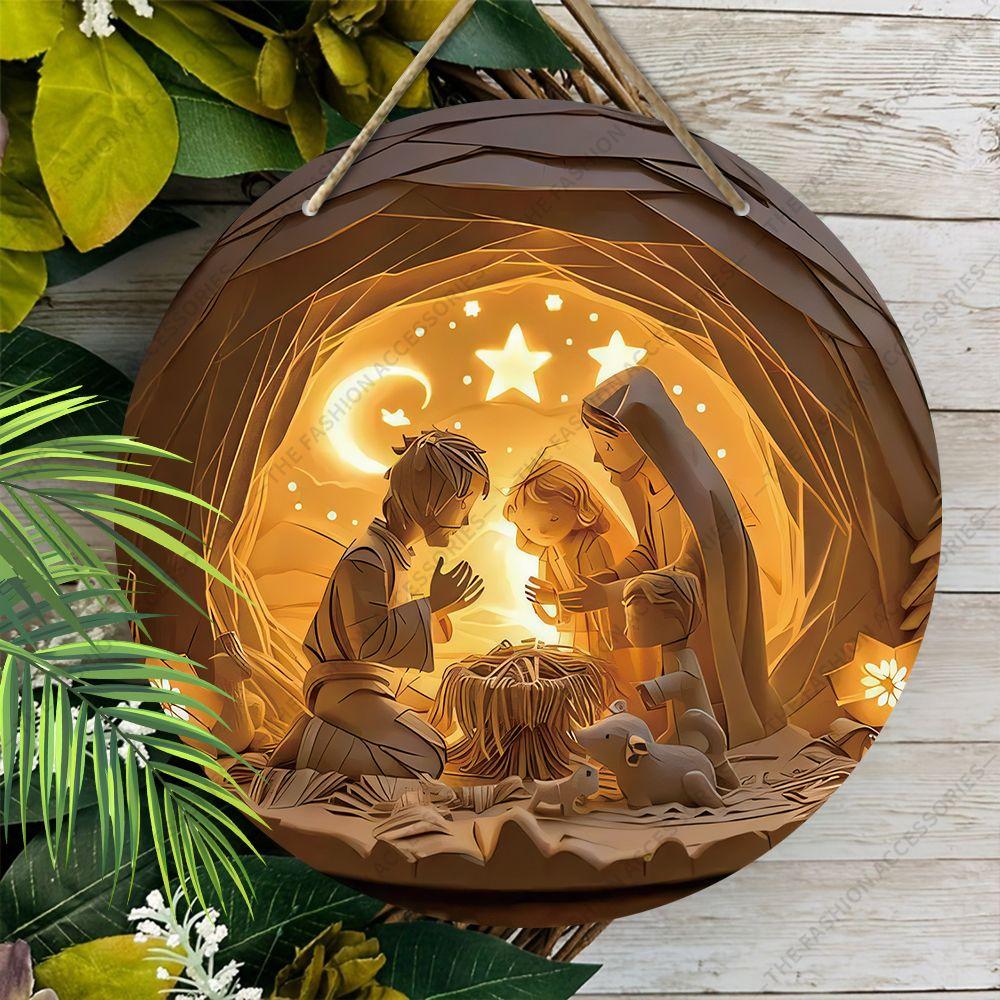 Hellig natt Krybbespill anheng, dekorasjon av hjemmevegger eller dører, 2d flatt tre, juledekorasjon, gaver til venner og familie
