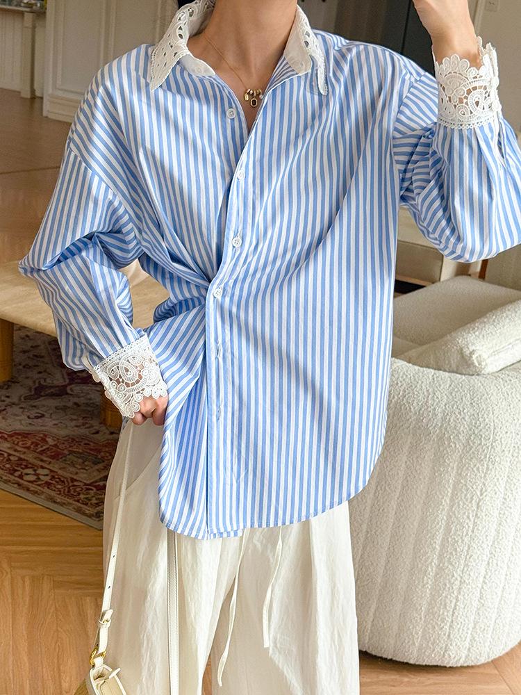 Women's Long Sleeve French Cotton Autumn Shirt - Blue & White Striped Socialite Style Top