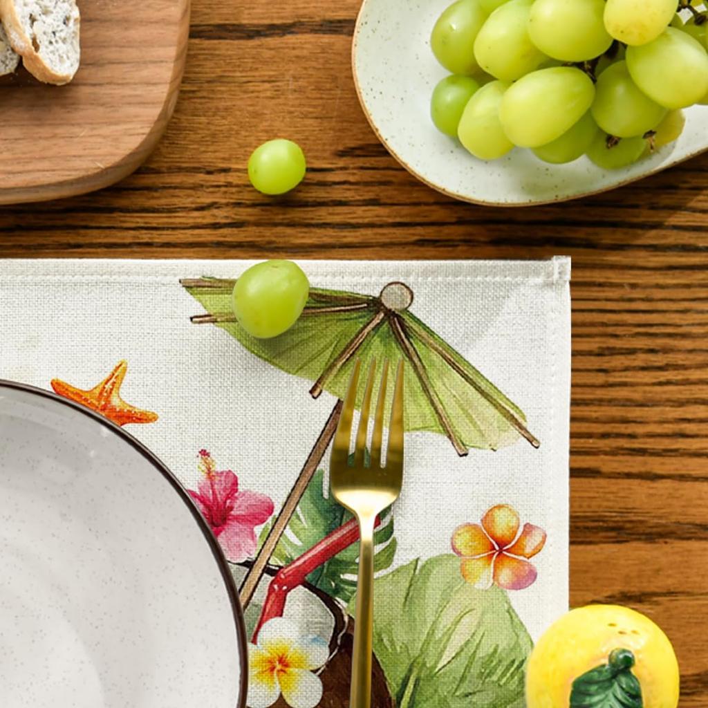Sunshine Coconut Flowers Starfish Summer Placemats Set of 4, 12x18 Inch Seasonal Holiday Table Mats for Party Kitchen Dining Decoration