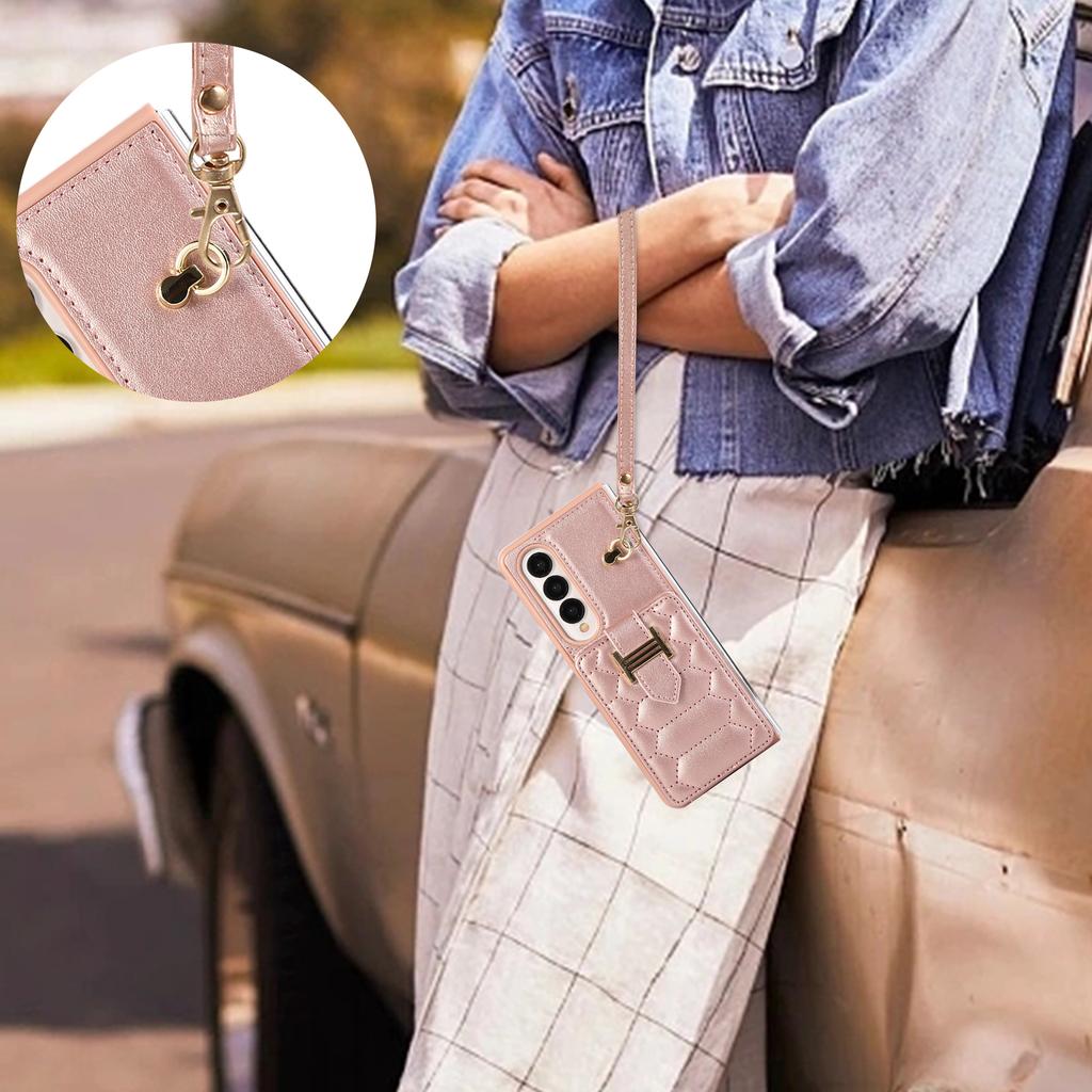 Crossbody Lanyard Phone Case for Samsung Galaxy Z Fold 7 6 5 4 3 Fold7 Fold6 Folio Wrist Strap Leather Card Holder Wallet Cover