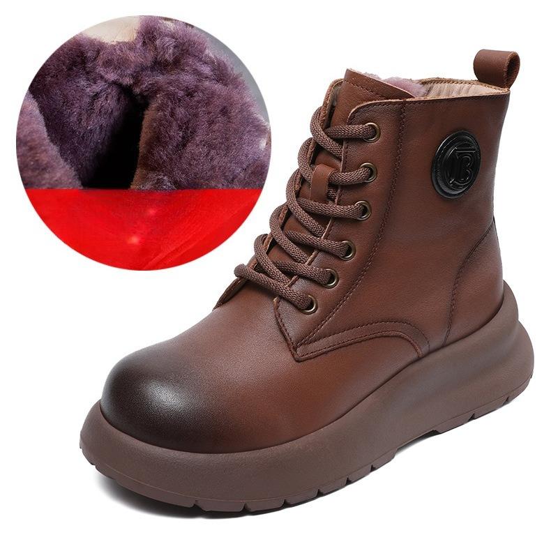 

Leather Short Bootie Women s Shoes with Round Toe, Lace-up, Mid-heel, Large Size, Thick-soled Boots, Cotton Shoes 43 коричневий