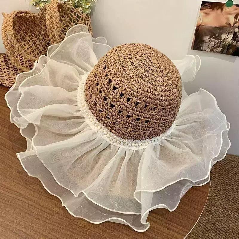 Flat-top straw hat women's straw top hat, new summer big-brimmed sun hat, seaside vacation sun hat