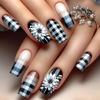 24 Pcs Checkerboard Stick On Nail French False Nail Medium Square Press On Nail White Flowers Artificial Acrylic Nail