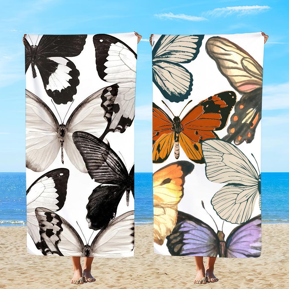 Towel Textile Bathrobe Beach Quick-Drying White Swallowtail Black Lightweight Portable Camping Sequined Butterfly Pool Travel