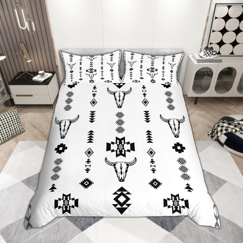 Homewish Bohemian Aztec Duvet Cover Set 2pcs/3pcs, Rustic Cow Skull Bedding, Retro Farmhouse Lodge Cabin Comforter Cover Set