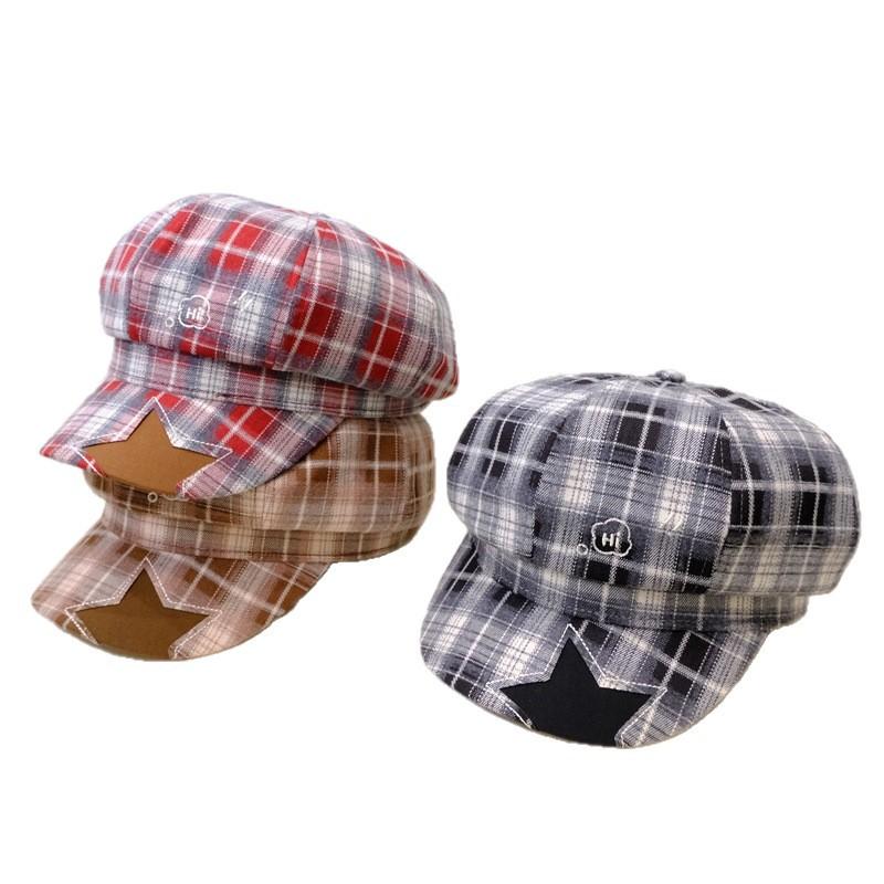 Octagonal hat women's autumn and winter new retro plaid newsboy duck tongue beret alphabet embroidery painter hat