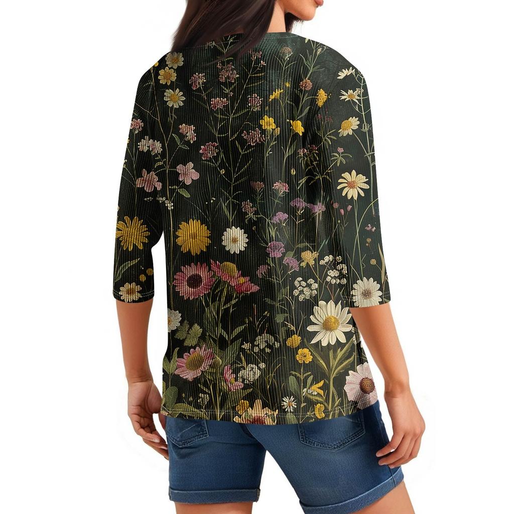 Women's T Shirt Tee Print Button 3/4 Sleeve Tunic Daily Weekend Fashion Basic V- Neck Regular Top