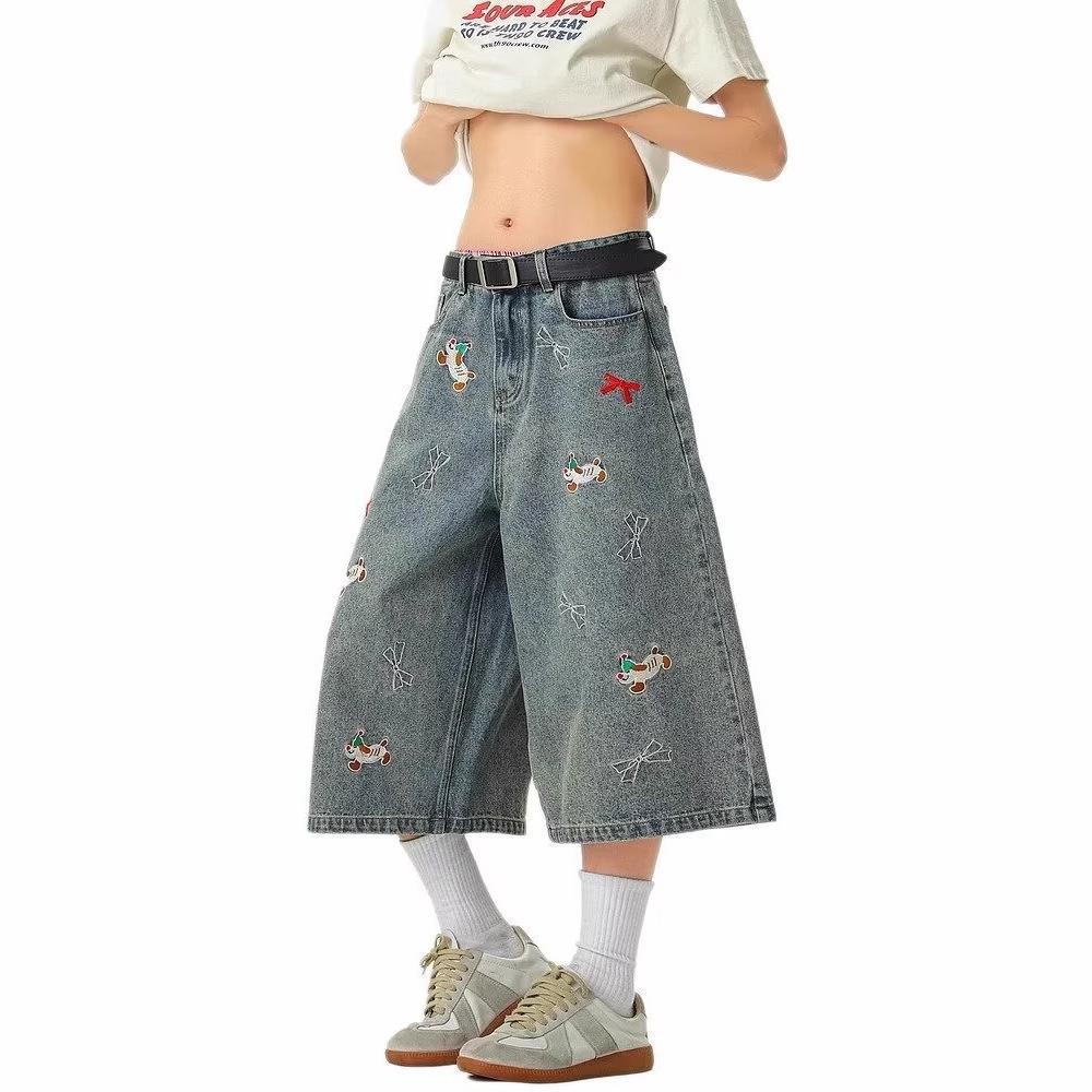 

Unisex Slimming Loose Fit Little Dog Embroidery Cropped Jeans Shorts - Straight Leg, Plus Size, Summer Wear M