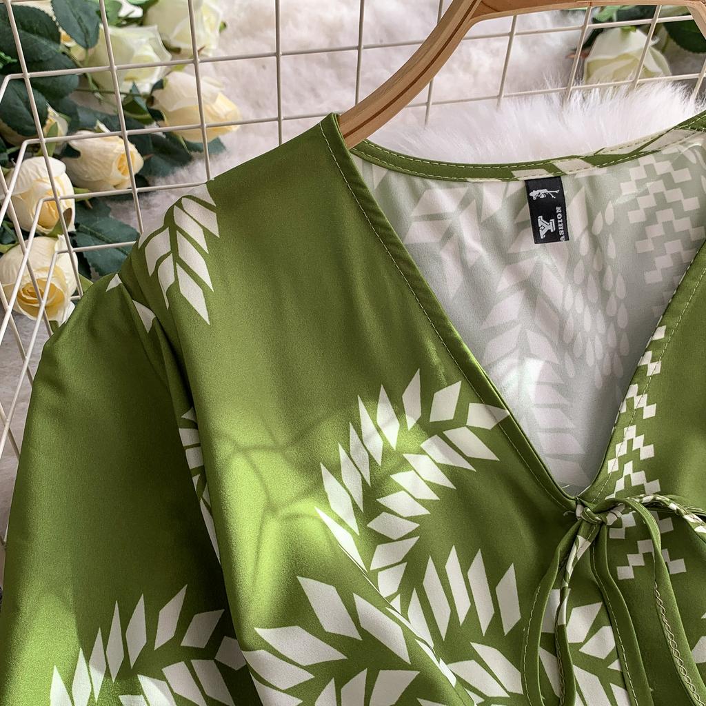 Summer Women Printed Dress V-neck Lace-up Short Sleeved Pleated A-line American Casual Fashion Elegant Female Dresses