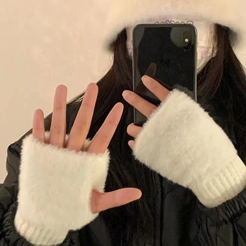 Imitation Mink Fleece Half Finger Gloves For Women'S Soft Winter Warmth Luxury Solid Color Plush Knitted Fingerless Gloves