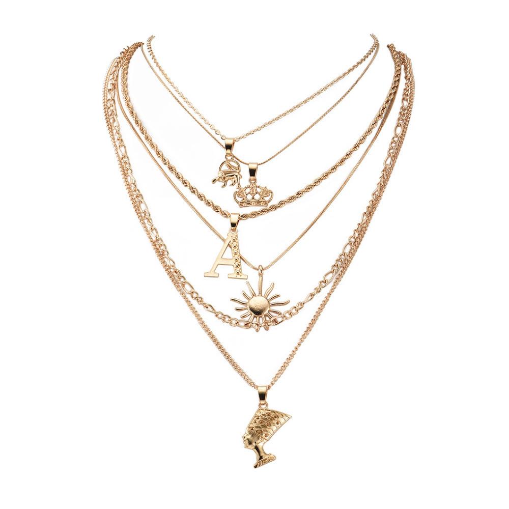 European Exaggerated Metal Clavicle Necklace, Egyptian Pharaoh Pyramid Sun Multi-layer Pendant Necklace