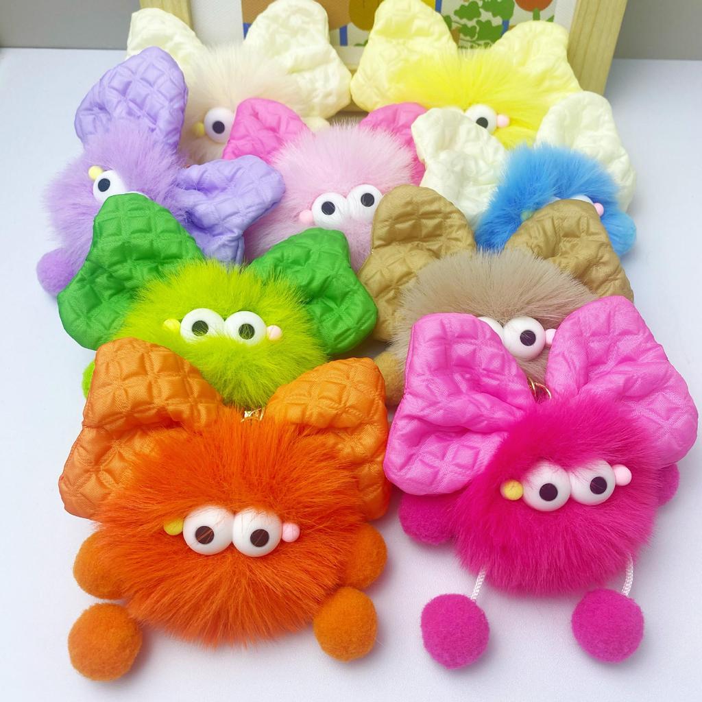 Rex Rabbit Plush Keychain with Bow and Coal Ball Pendant - Cute Couple Gift Accessory