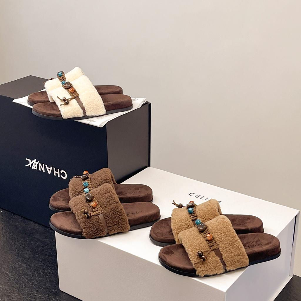 Retro tassel fluffy slippers women's 2025 autumn new outer wear casual versatile casual soft bottom lazy one-word drag