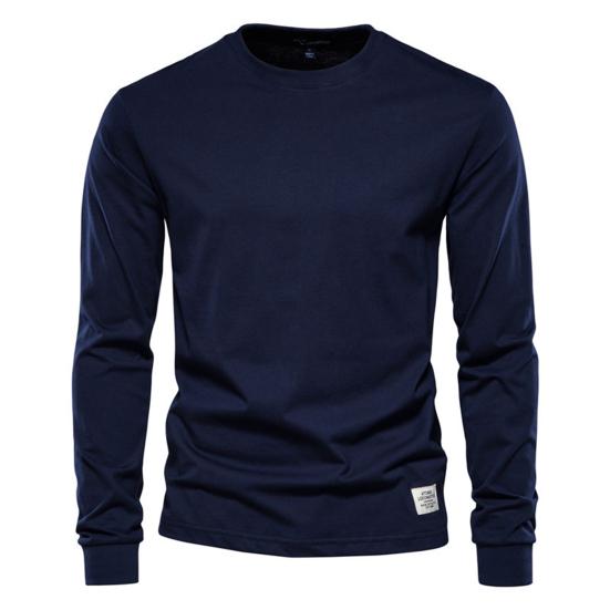 

Men Tops Solid Color Cotton Pullover Comfortable Anti-pilling Crew Neck Elastic Cuff Long L темно-синього кольору