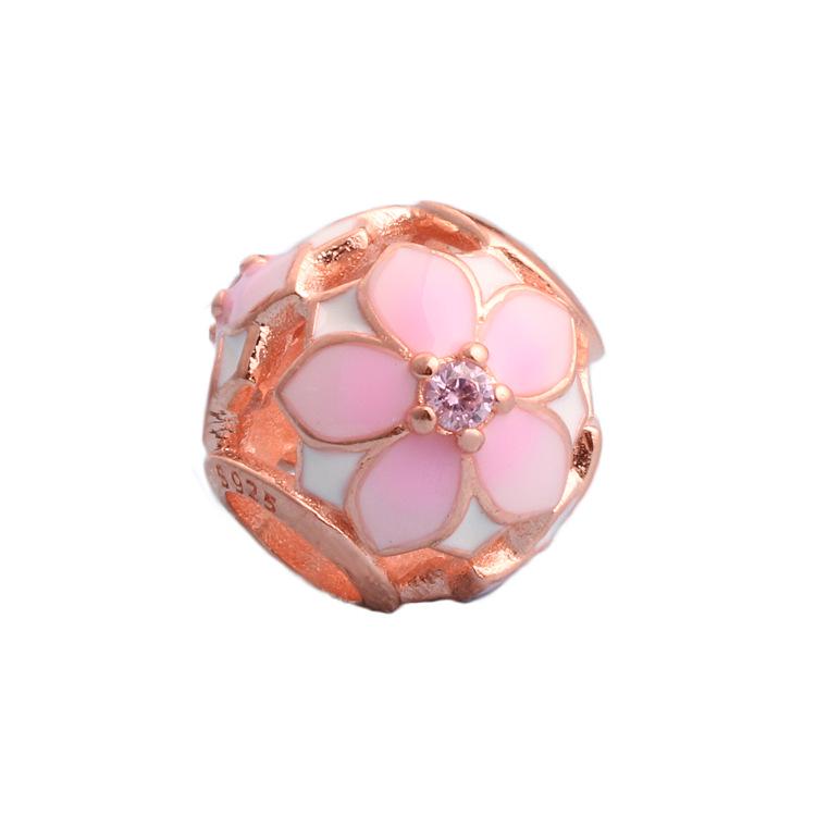 European Spring S925 Sterling Silver Pandora Rose Gold Magnolia Beaded Bracelet with Peach Blossom Charms