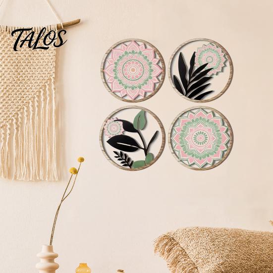 Decorative Wall Art for Bedroom 4Pcs Boho Decor, Floral Round Wooden Geometric Rustic Botanical Art, Farmhouse Aesthetic Hanging Ornaments Living Room