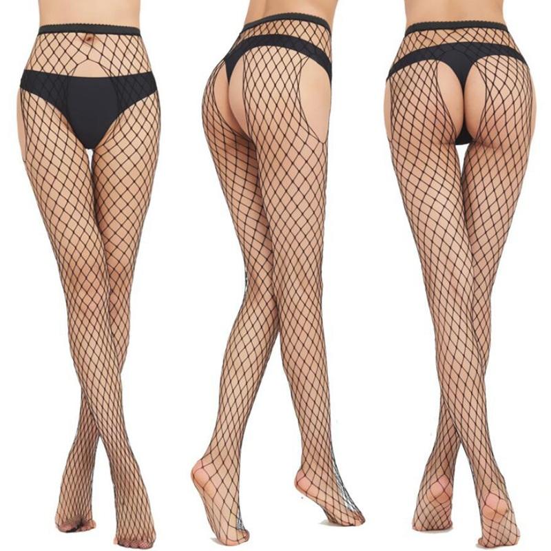 Women Long Sexy Hollow Out Fishnet Stockings Open Crotch Pantyhose Black High Waist Stocking Tights Panty Fishnet Lingerie Socks C