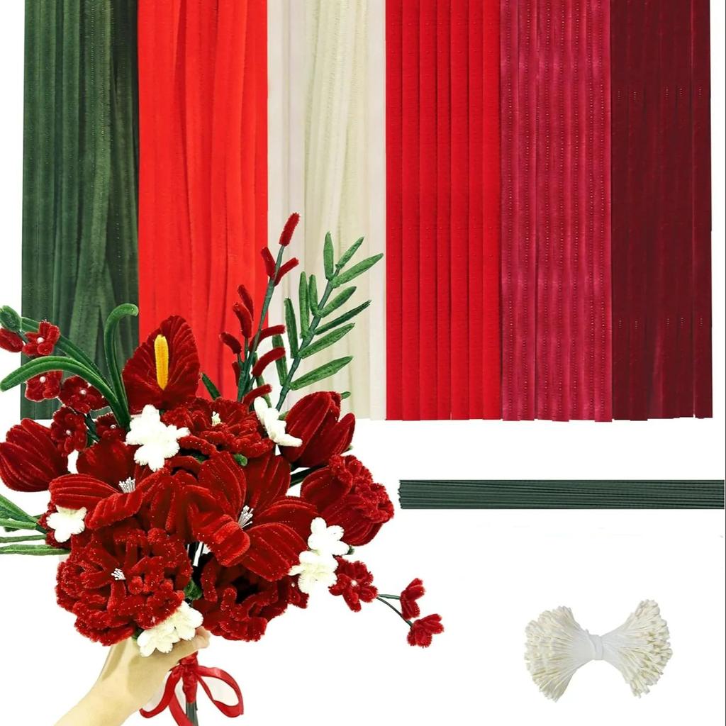 770Pcs Pipe Cleaners Craft Kit for Flower Bouquets, 6Colors Thick Chenille Stems with Floral Accessories, DIY Art