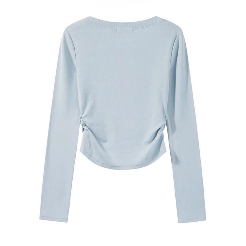 Milk Blue T-shirt Women's Bow Embroidered Bottoming Shirt Early Spring Card Waist Pinch Pleated Long Sleeve Inside Chic Top