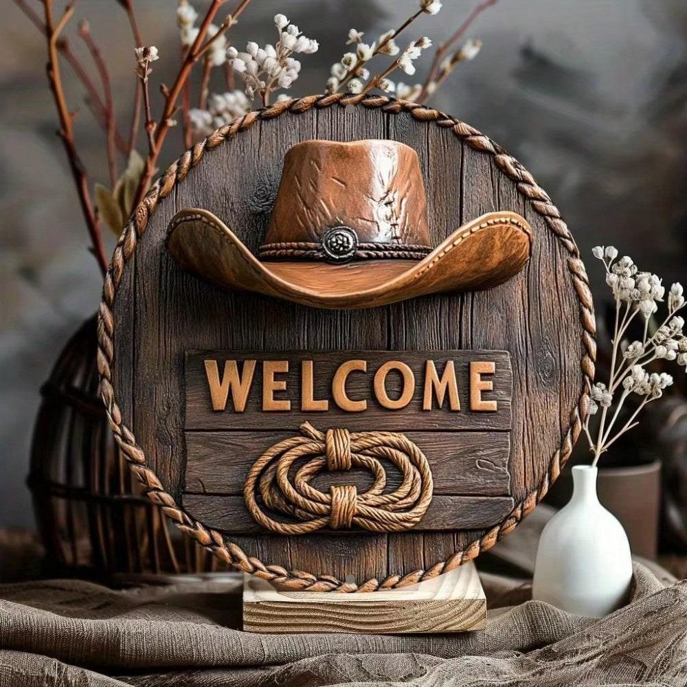 Rustic Welcome Sign Cowboy Hat Rope Western Wall Art Decor 8x8 Inch Western Theme Gift for Home Bar Office