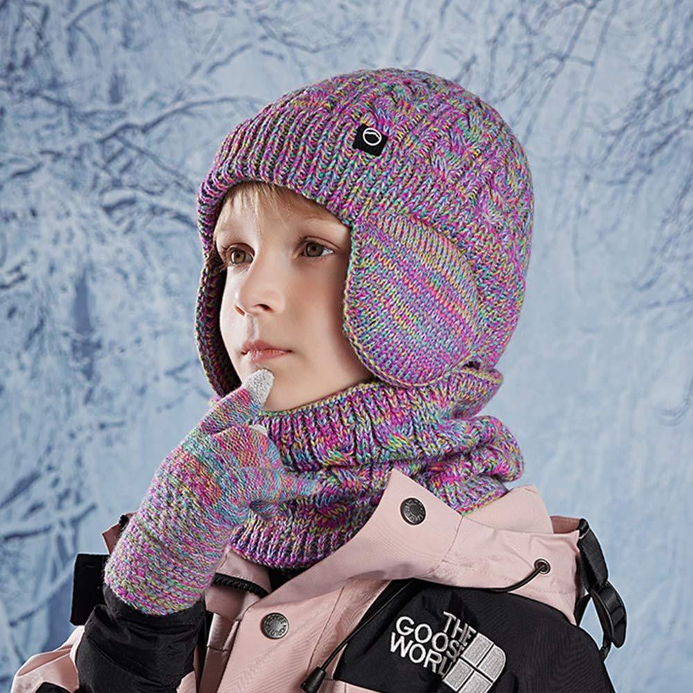 Warm Children's Hat Neck Scarf Gloves Set Fleece Lined Touchscreen Gloves for Boys and Girls