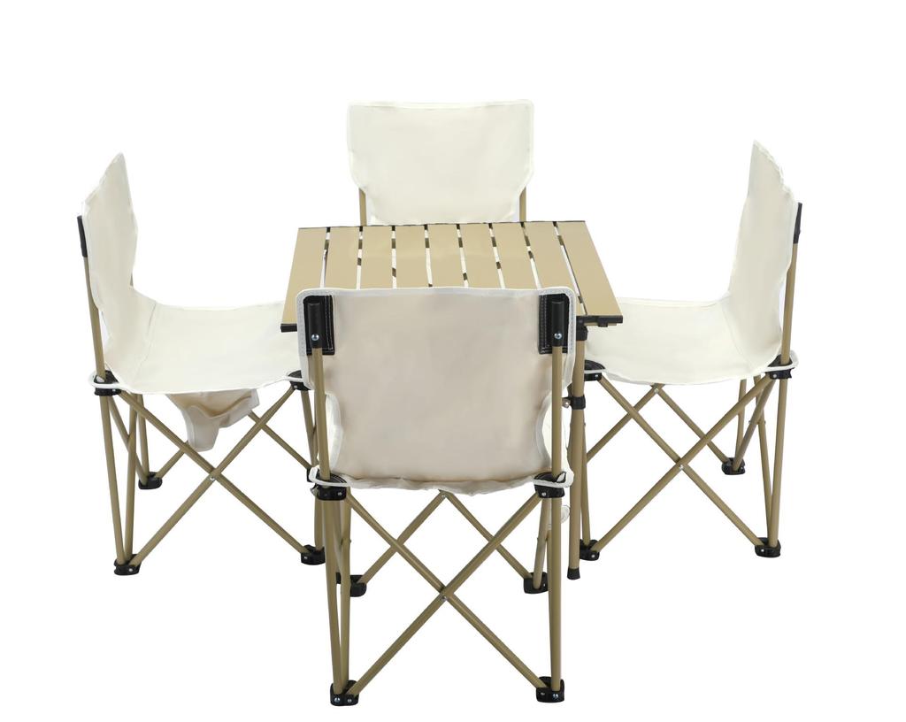 Khaki Portable Outdoor Folding Table and Chair Set with Storage Bag for Camping, Picnics, and Forest Parties.