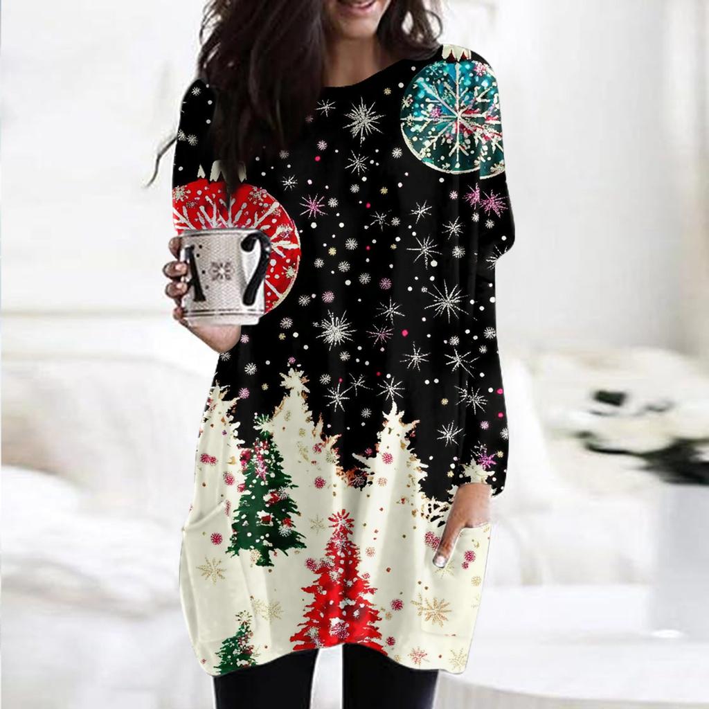 Dámská móda ležérní tričko s vánočním potiskem s kulatým výstřihem a dvojitou kapsou s dlouhým rukávem