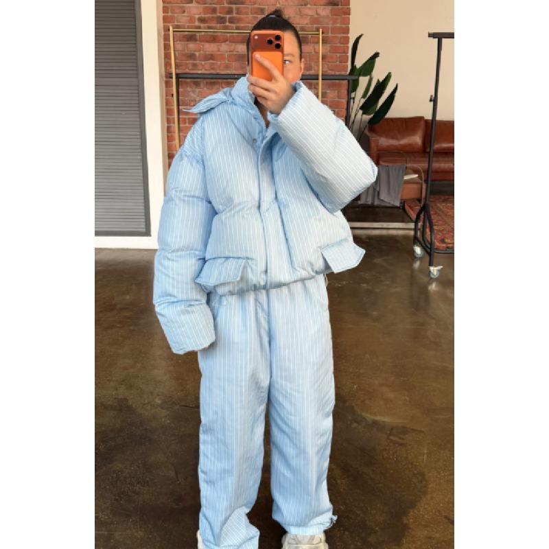 Vertical striped hooded cotton suit set thick warm loose bread suit trousers winter women's clothing