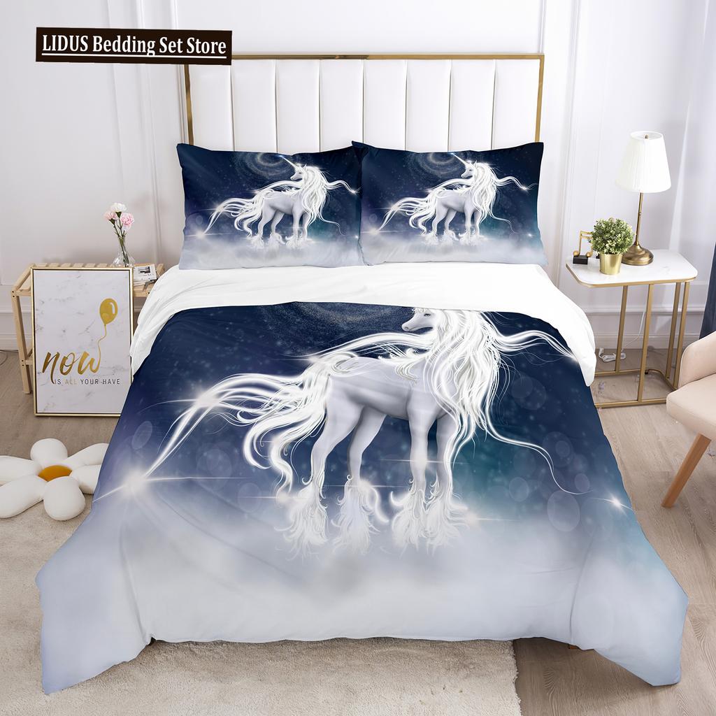 Unicorn Duvet Cover Set White Horse With Wing 3D Print King Size Polyester Comforter Cover For Kids Bedding Set With Pillowcase