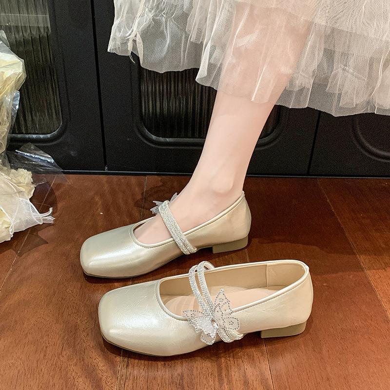 Shallow mouth square head single shoes women's summer new butterfly flat bottom one pedal fashion bow Mary Jane shoes