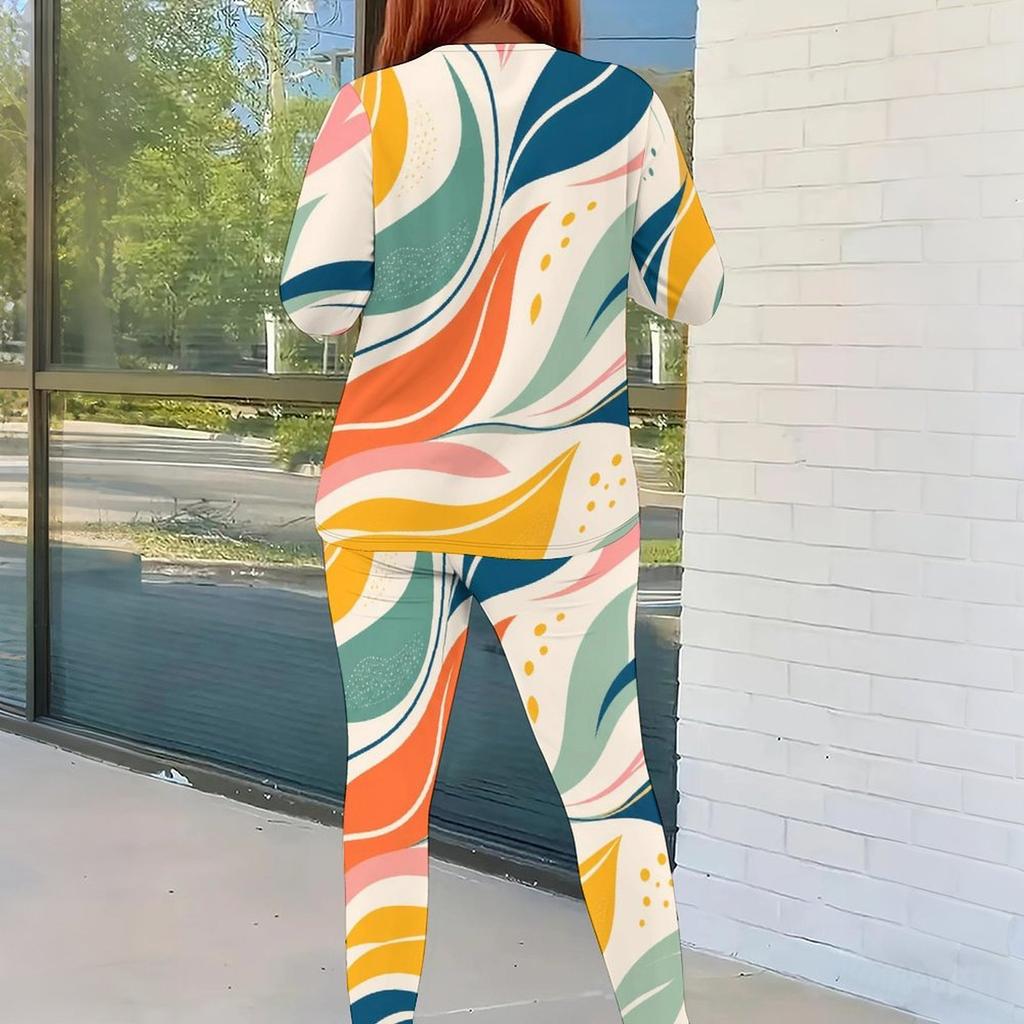Women Plus Size Colorful Printed Round Neck Long Sleeve Top And Fitted Pants Two Piece Set