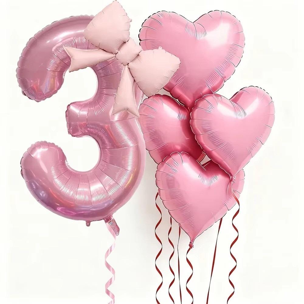 

6pcs Romantic Pink Bow Heart Balloon 32Inch Anniversary Decoration Pink Number Foil Balloon with Bowknot Birthday Party Balloons 32inch