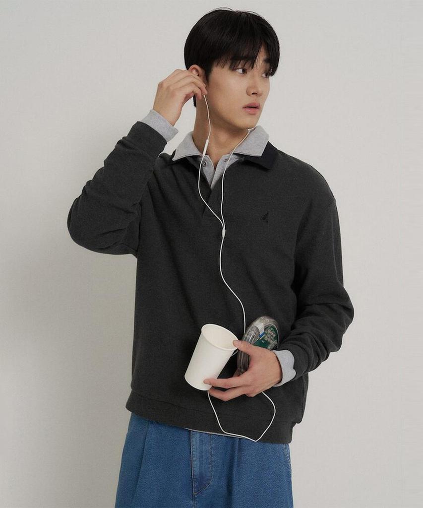 Binpolmen Collared Contrast Long Sleeve T-Shirt Ash