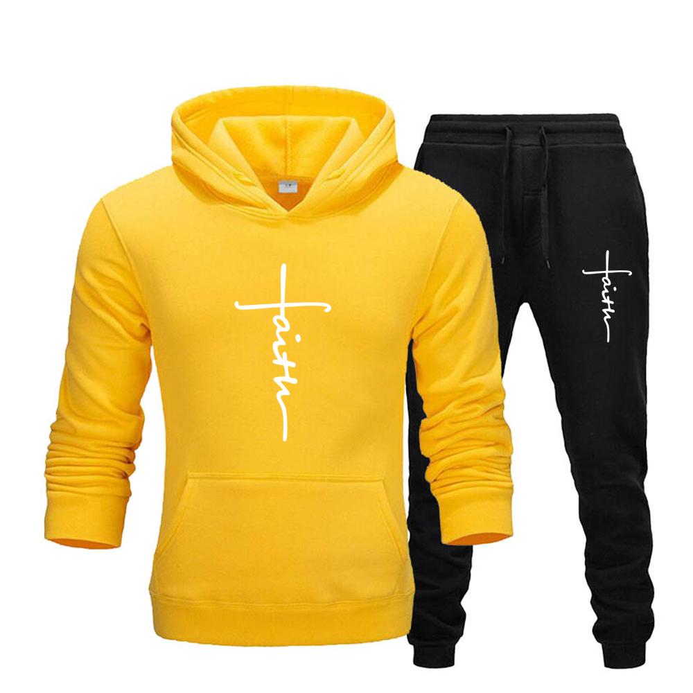 "Faith" Men's Casual Sports Hooded Sweatshirt +Drawstring Pants 2 Pieces Sets  Letter Print Sweatshirt Fleece Hoodie Set Men's