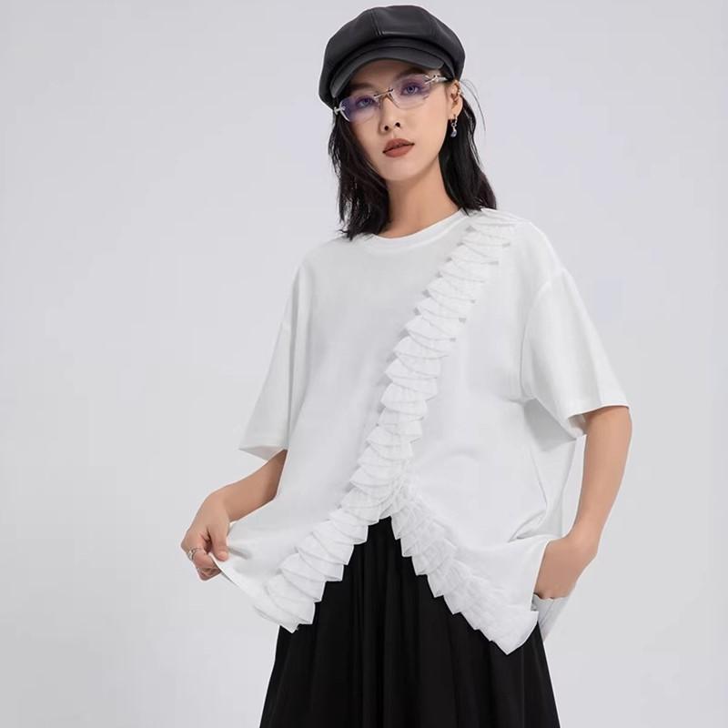 Short Sleeve Oversized Vintage Patchwork Casual Loose Summer T Shirt Tops Women T-shirt