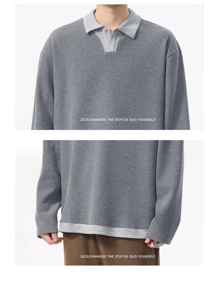 Pánská retro streetwearová mikina polo s dlouhým rukávem - Dvoudílný ležérní úplet s límečkem pro podzim/zimu