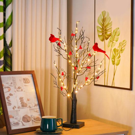 LED Vintage Glowing Tree with Cardinals Twinkle Trees Lamp Lifelike Berry Branch Lights Festive Holiday Party Decorations