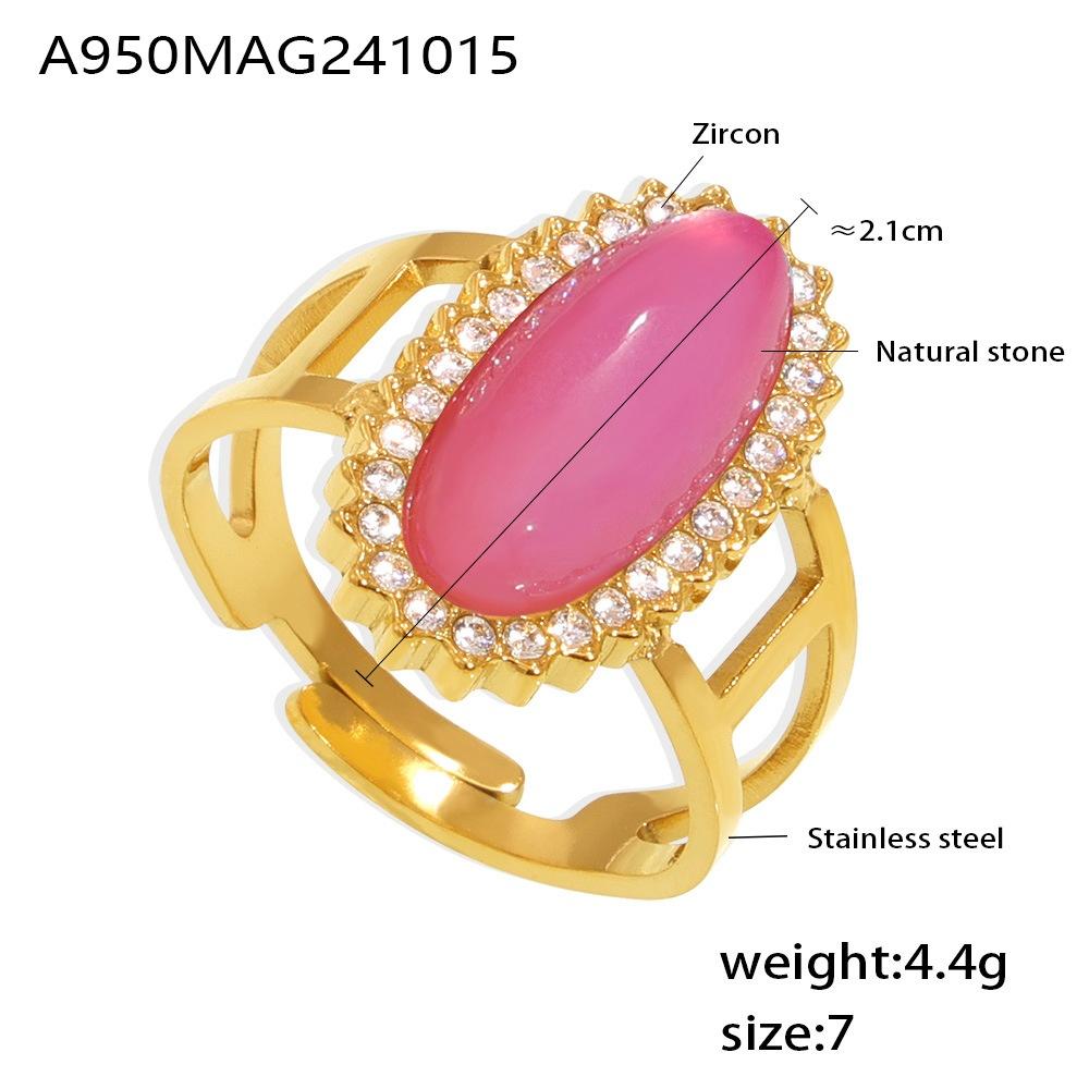 3A Zircon Inlaid Natural Stone Opening Ring 316 Titanium Steel Plated with 18K Gold Adjustable