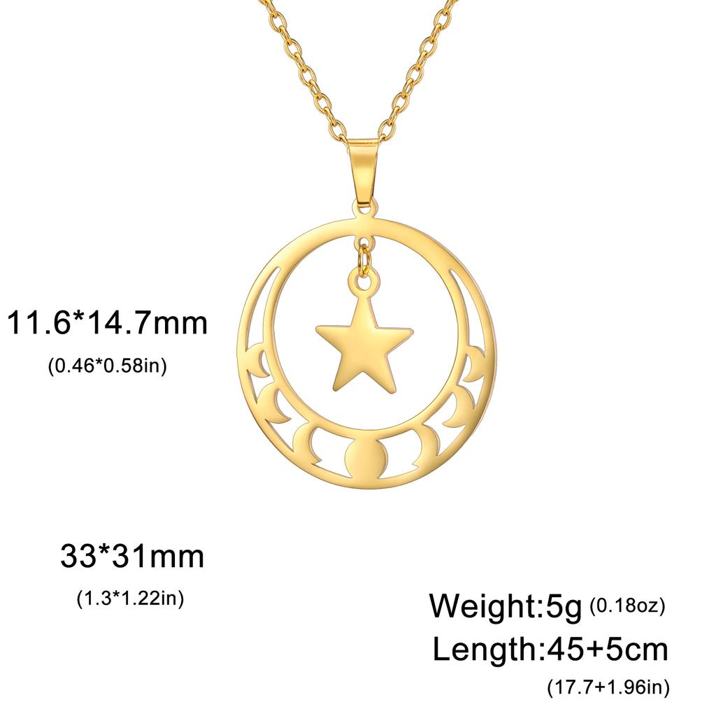 Teamer Star Moon Phase Round Pendant Necklace Women Girls Stainless Steel Party Jewelry No Rust Birthday Gift