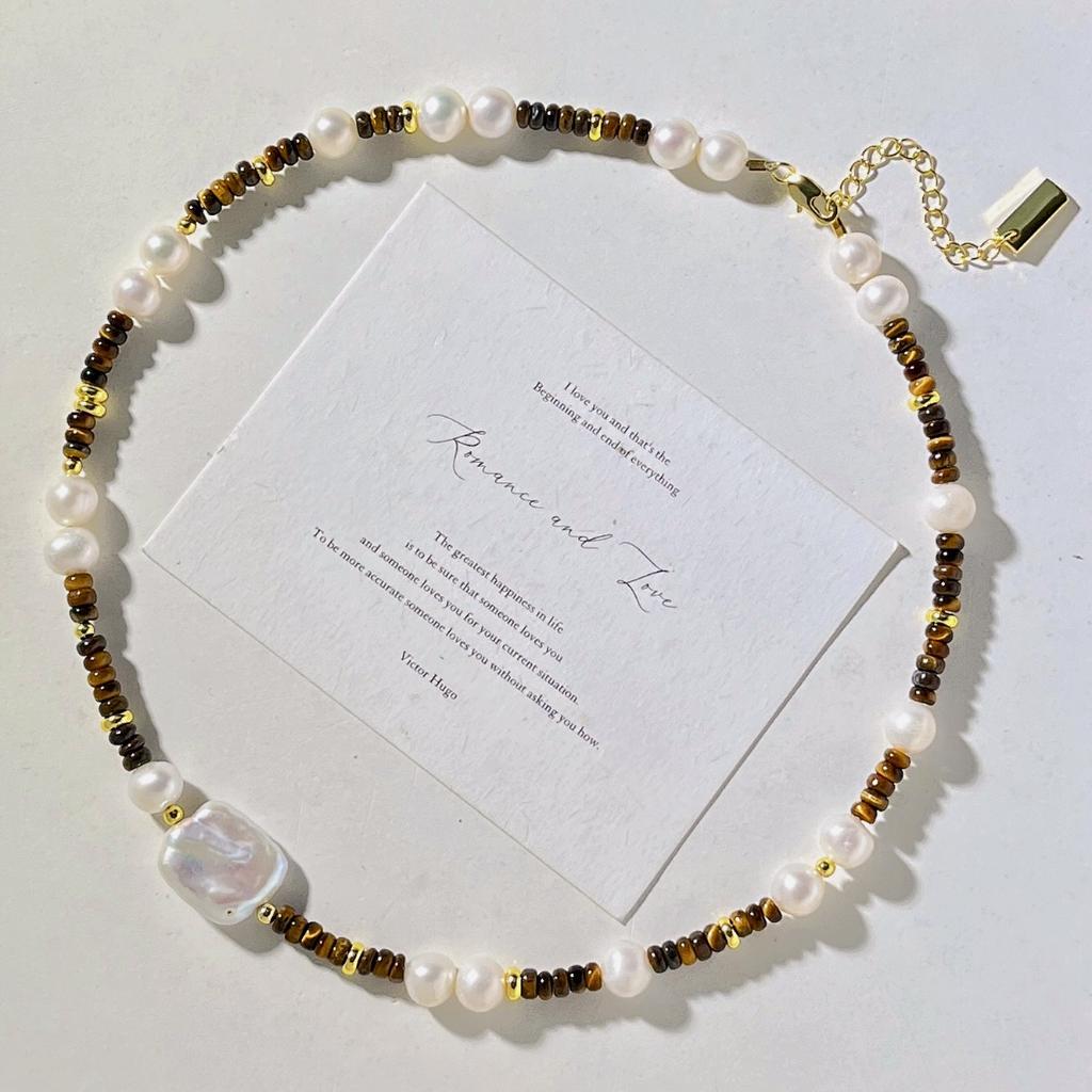 Autumn And Winter Merad Wind Natural Tiger'S Eye Stone Freshwater Baroque Pearl Collarbone Chain Necklace