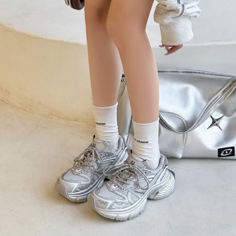 Spring and Autumn New Leather Silver Daddy Shoes Women's Platform Muffin Mesh Versatile Small Casual Shoes