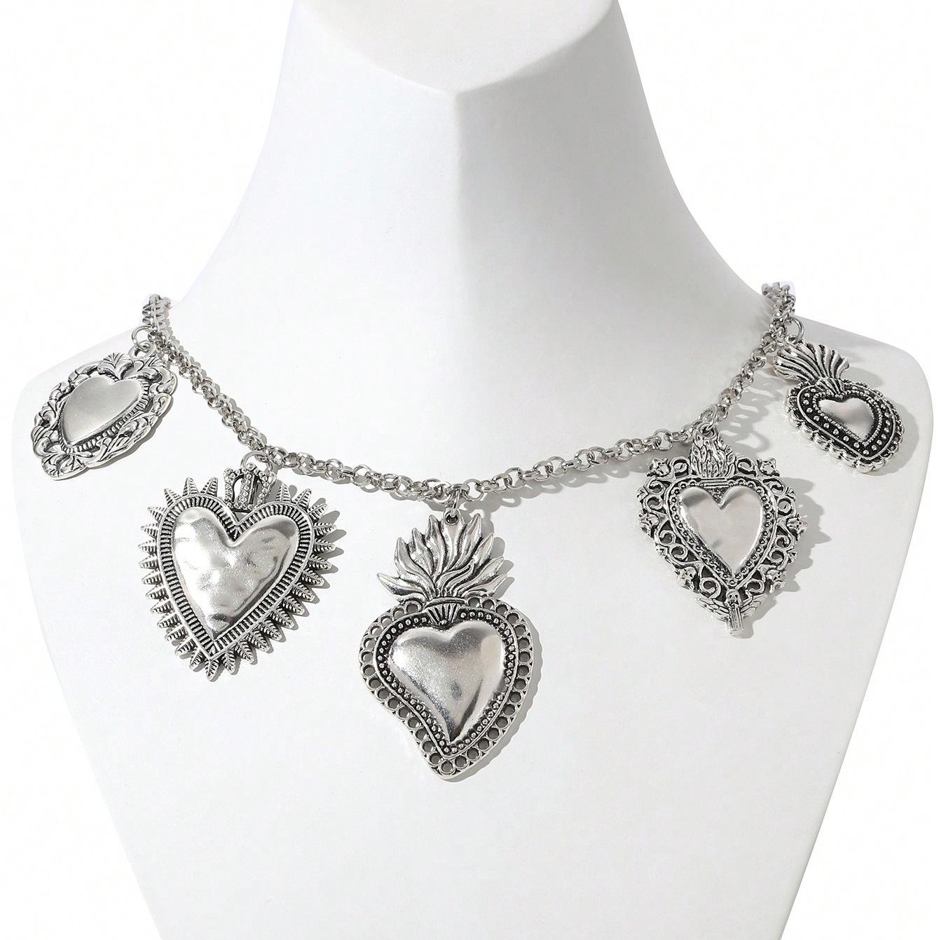 

Europe and the United States hot-selling retro religion multiple Sacred Heart pendant necklace chain personality fashion high sense серебряный
