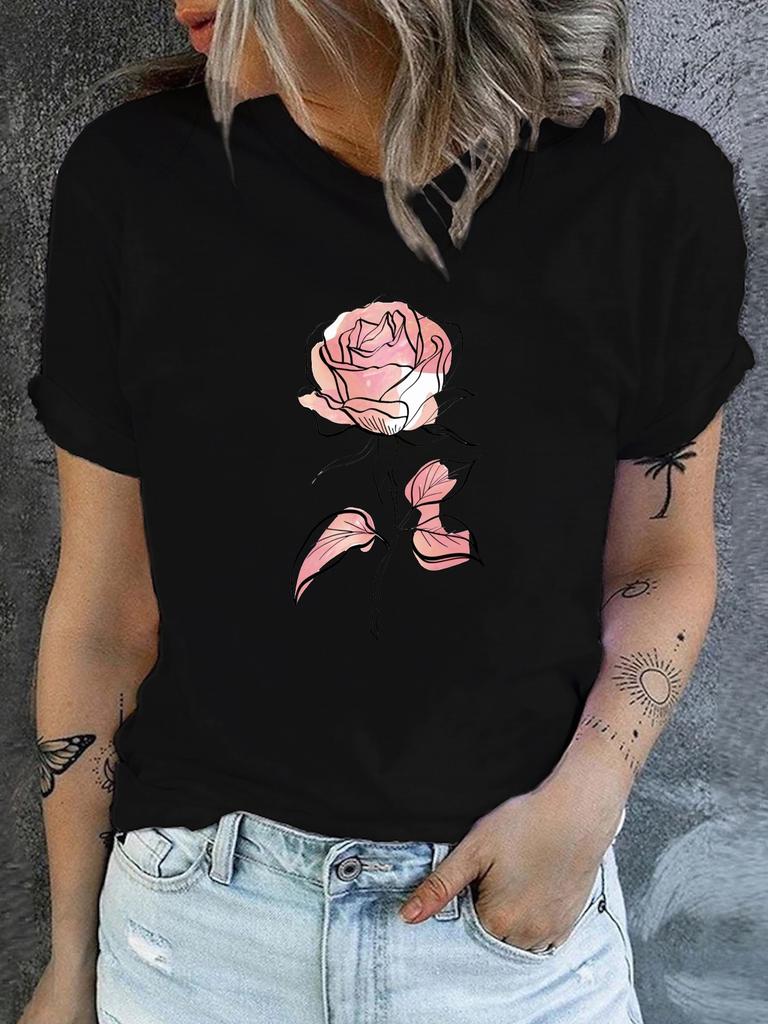 Floral Print Crew Neck T-shirt Casual Short Sleeve Top For Summer Women's Clothing Simple Design Showing Natural  Elegant Style