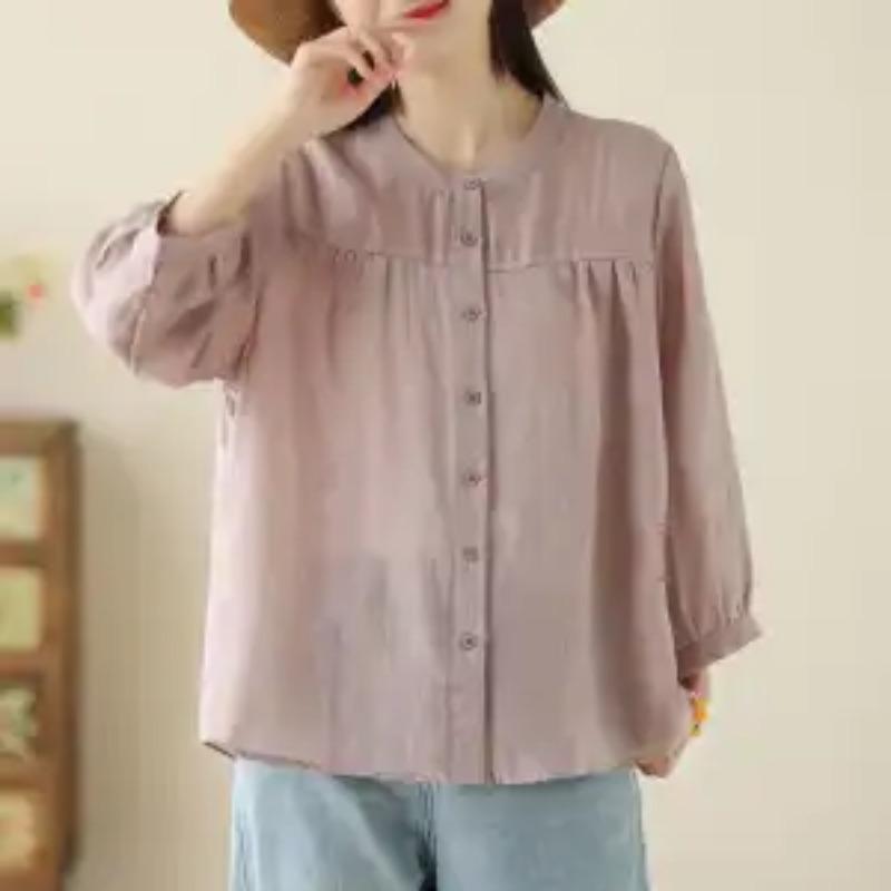 Women's Summer Casual Grey Linen 3/4 Sleeve Button Down Shirt
