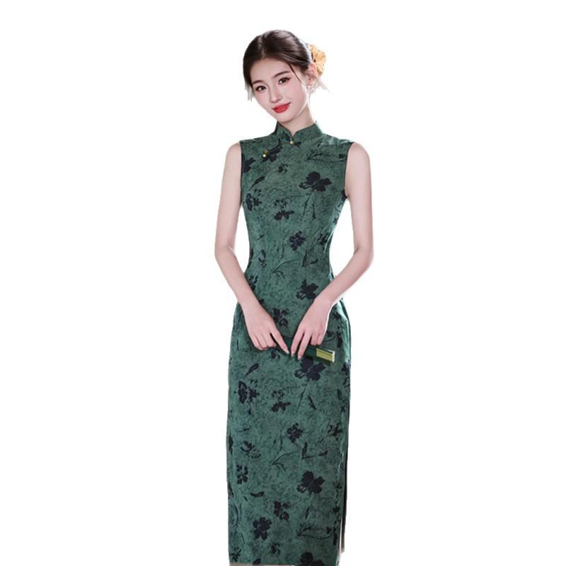 Green mesh yarn new Chinese Hong Kong style sleeveless long cheongsam 1011 summer new slim and thin young girl