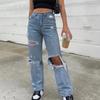 Women Button High Waist Pocket Elastic Hole Jeans Trousers Loose Denim Pants