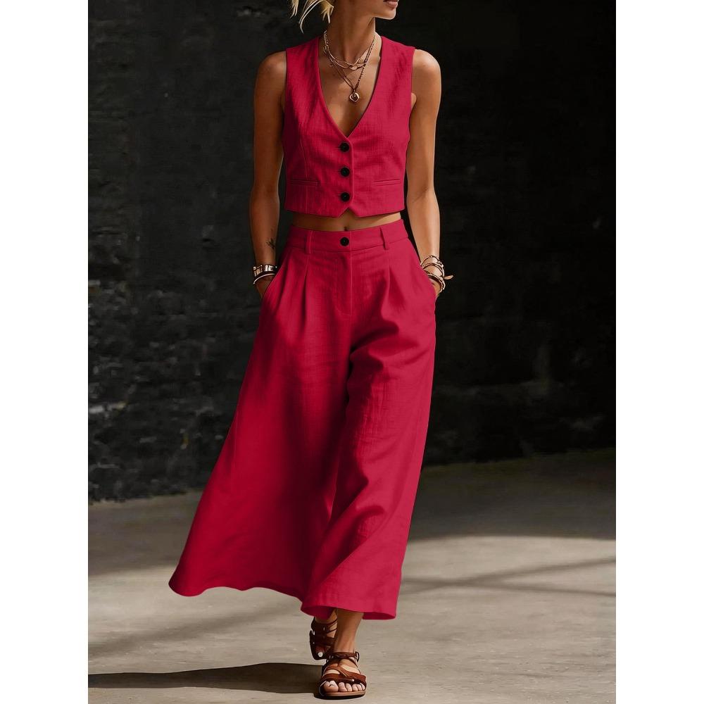 Completo Due Pezzi da Donna Vestibilità Larga Canotta Senza Maniche Scollo a V Pantaloni a Gamba Larga Vita Alta
