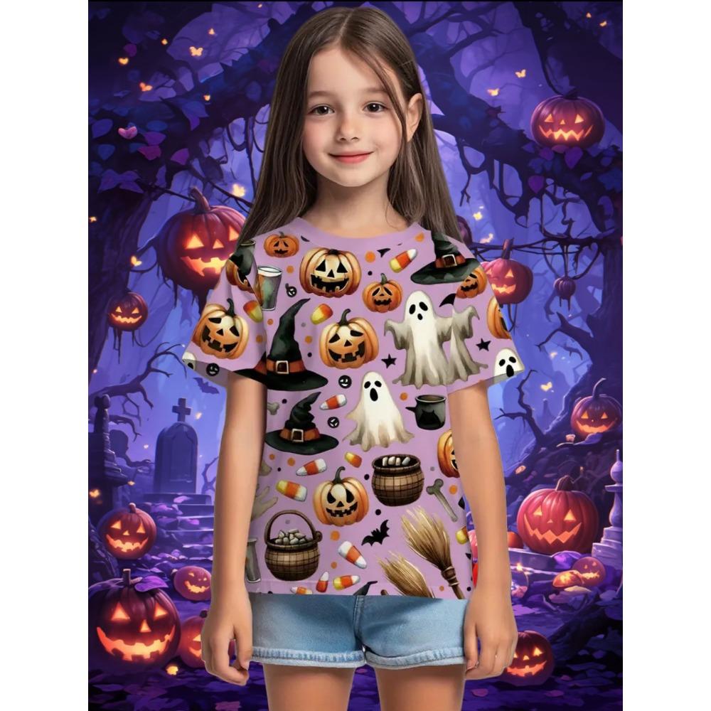 Girl Clothes Funny Pumpkin Graphic T Shirt Halloween Boys Girls Summer Short Sleeves T-Shirt 2-13y Halloween Gift Party T-Shirt
