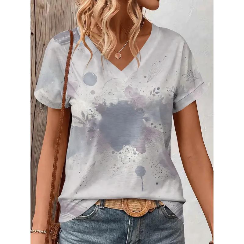 Fashion Women's V-Neck Short Sleeve 3D Casual Color Printing Casual Short Sleeve V-Neck T-Shirt
